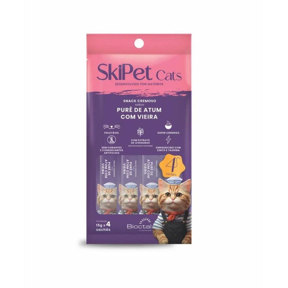 Skipet Cats Snack Cremoso Sabor Purê Atum Vieira 4 Sachês