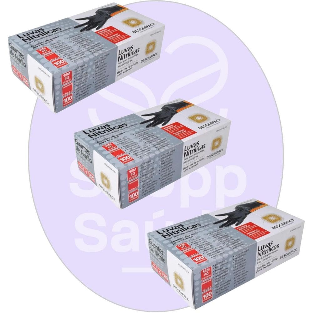 Kit 03 Luva Descartável Nitrílica Sem Pó Preta G Descarpack