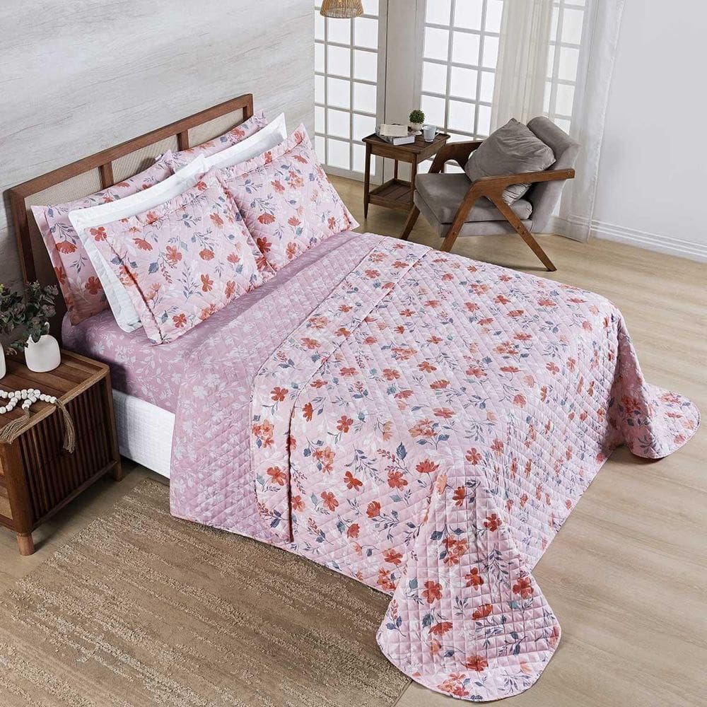 Kit Colcha Belle Casal Dupla Face 400 Fios 3Pças Floral Rosê