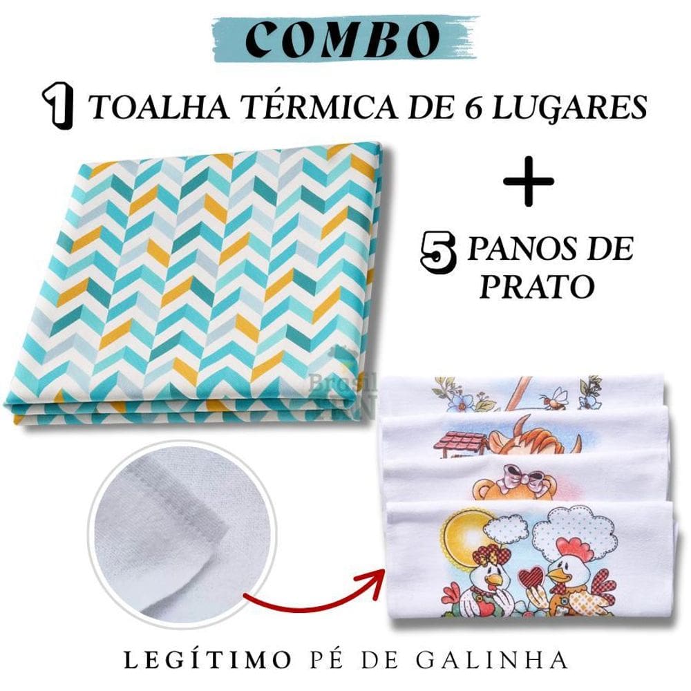 Combo 1 Toalha De Mesa 6 Lugares + 5 Panos De Prato Estampad