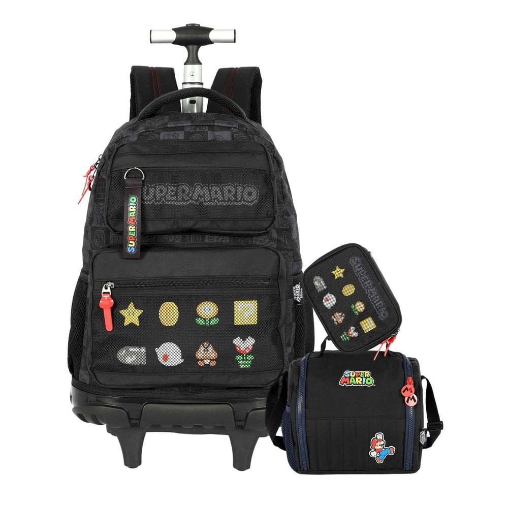 Kit Mario Bros Mochila Costas Rodas + Lancheira + Estojo Box