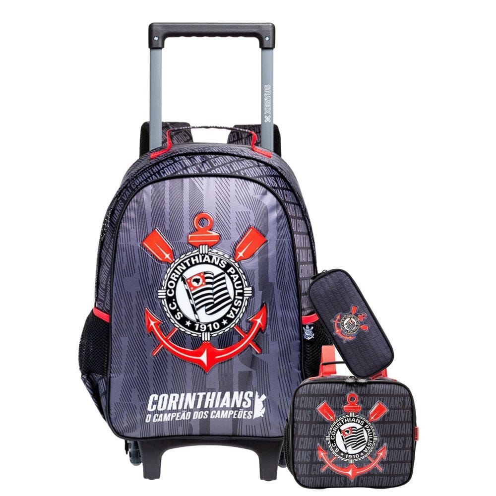 Kit Corinthians Timão Mochila Roda 2Em1 + Lancheira + Estojo