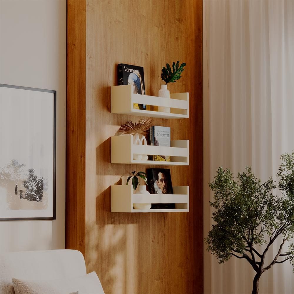 Kit 3 Prateleiras Porta Objetos Bege Claro 70 x 12cm Suporte Invisivel