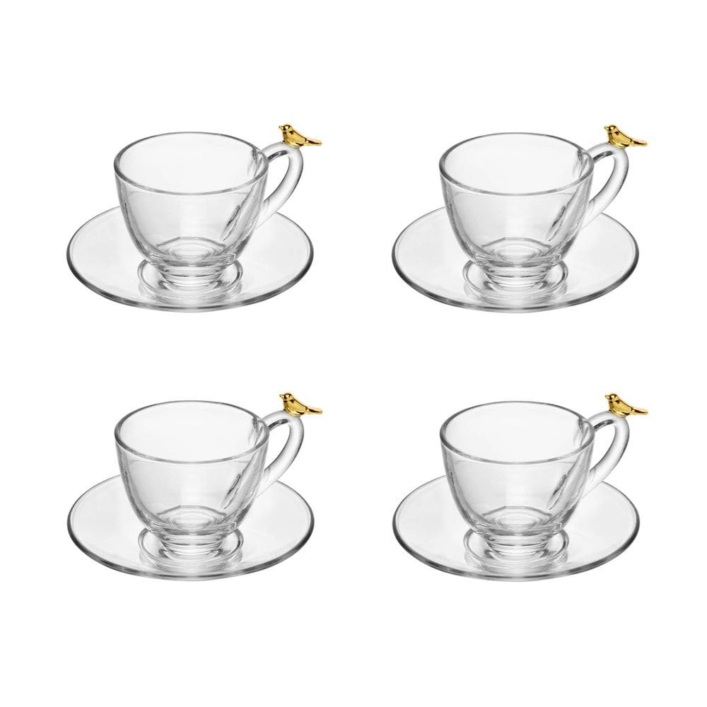 Cj 4 Xícaras P/Café C/Pires de Vidro Golden Bird Transparente 80ml Wolff