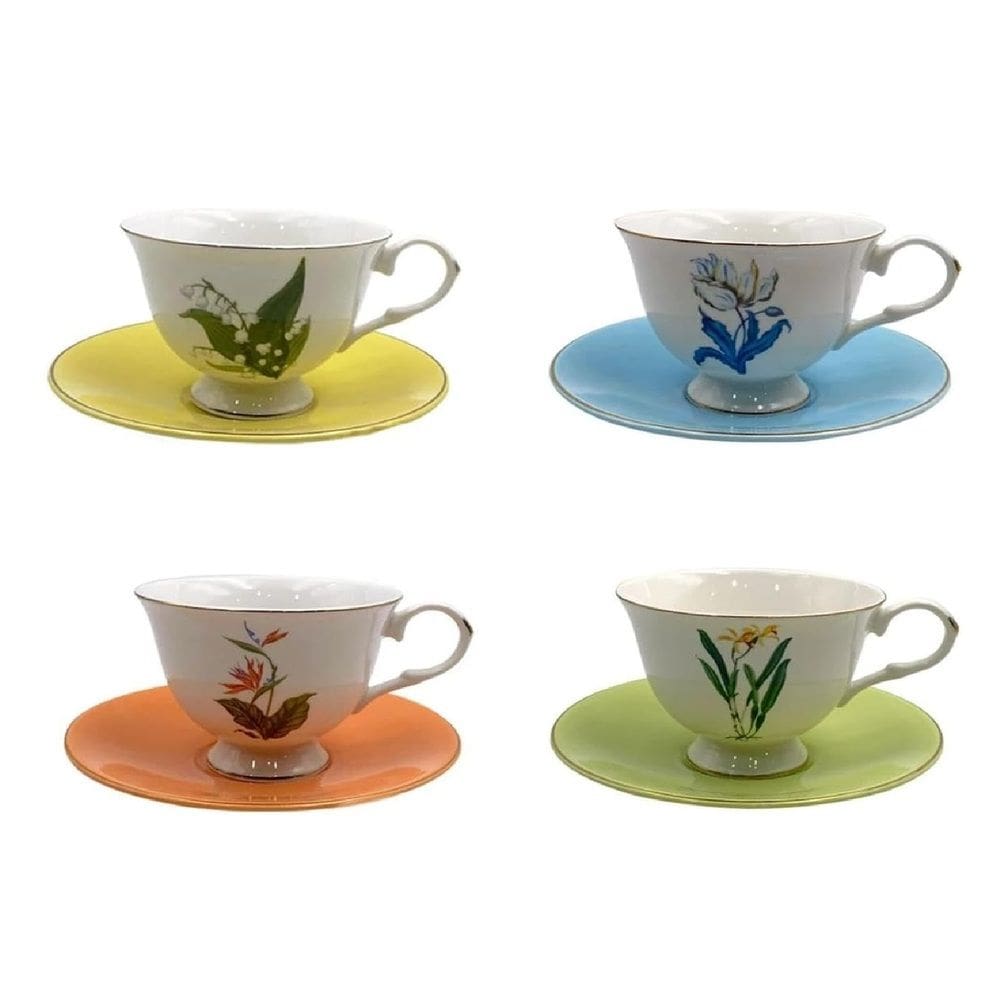 Cj 4 Xícaras P/Chá C/Pires de New Bone China Colorida Flora 220ml L`Hermitage