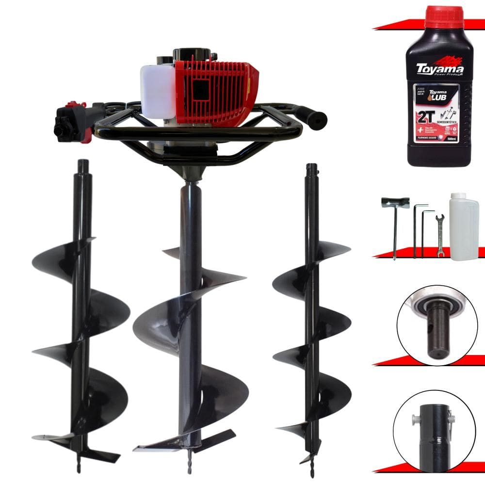Trado Perfurador de Solo Máquina Fura Terra Anmax GD520B À Gasolina 2T 52cc 2,2HP 7.000rpm + Brocas 80x20, 80x25 e 80x30 + EXTRA ÓLEO TOYAMA 2T