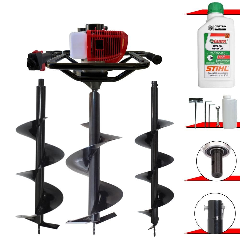 Trado Perfurador de Solo Máquina Fura Terra Anmax GD520B À Gasolina 2T 52cc 2,2HP 7.000rpm + Brocas 80x20, 80x25 e 80x30 + EXTRA ÓLEO STIHL 2T