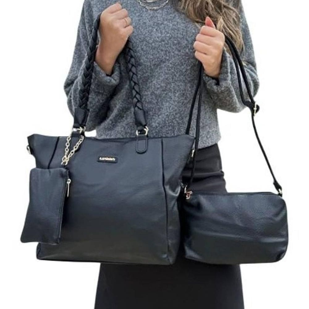 Kit 3 Peças Bolsa Feminina Preta Grande E Média + Necessarie