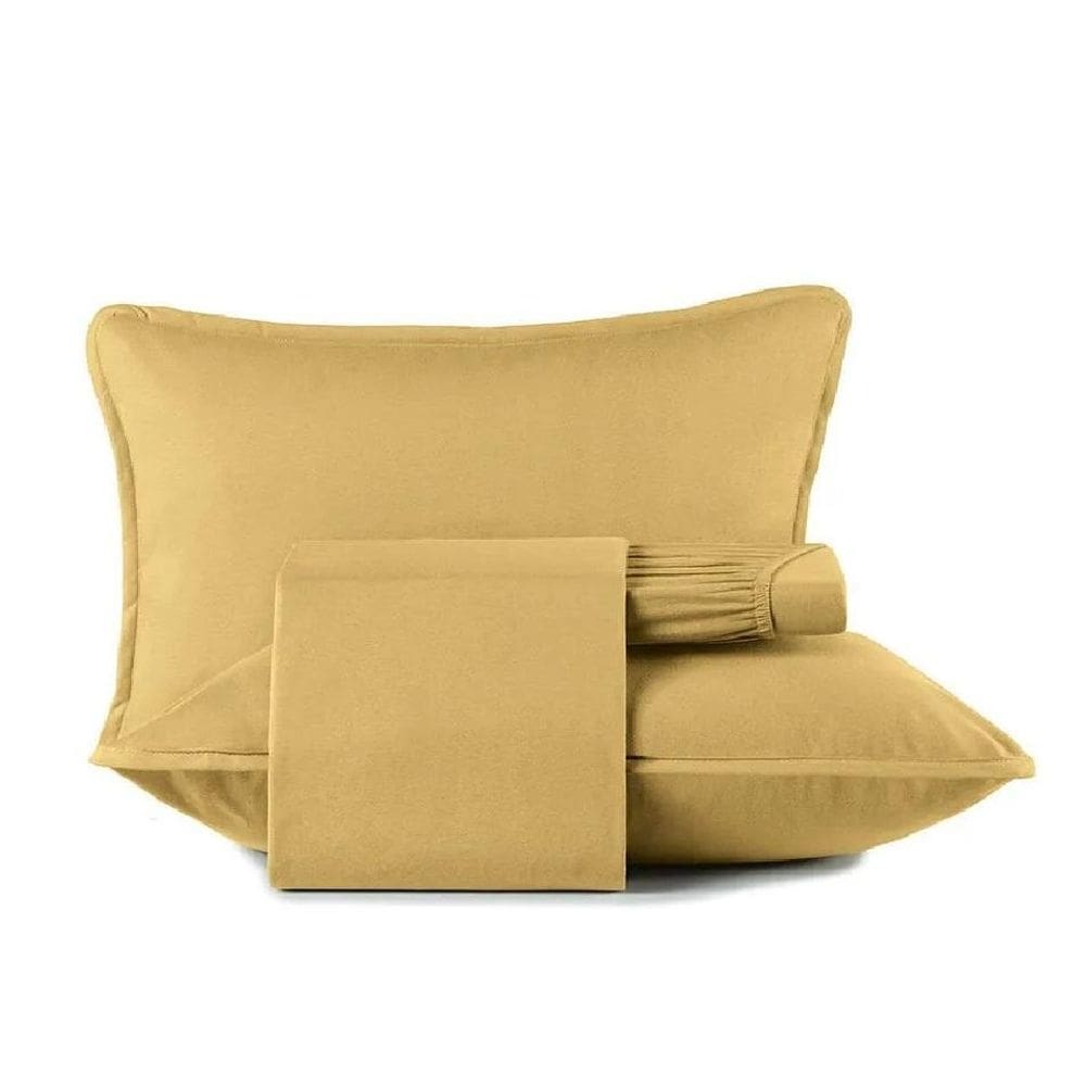 Jogo Cama Queen 4 Pcs Malha Algodão Fio Penteado Mostarda