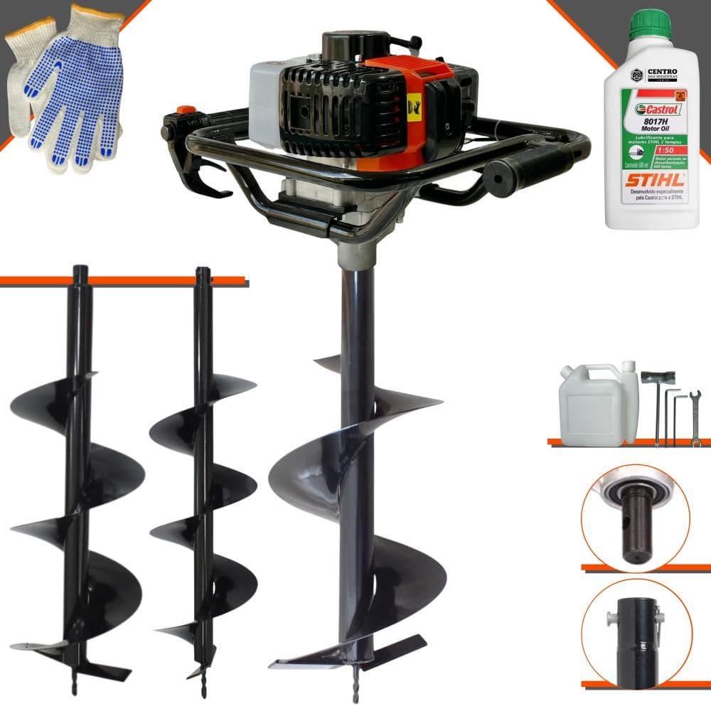 Trado Perfurador de Solo Máquina Fura Terra Vant VPS52 À Gasolina 2T 52cc 2HO 6.500rpm + Brocas 80x20, 80x25 e 80x30 + EXTRA ÓLEO STIHL 2T