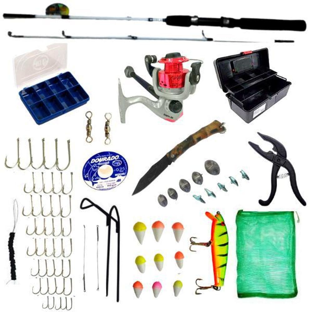 Kit Pescaria Iniciante Vara Molinete Caixa Com Vários Itens