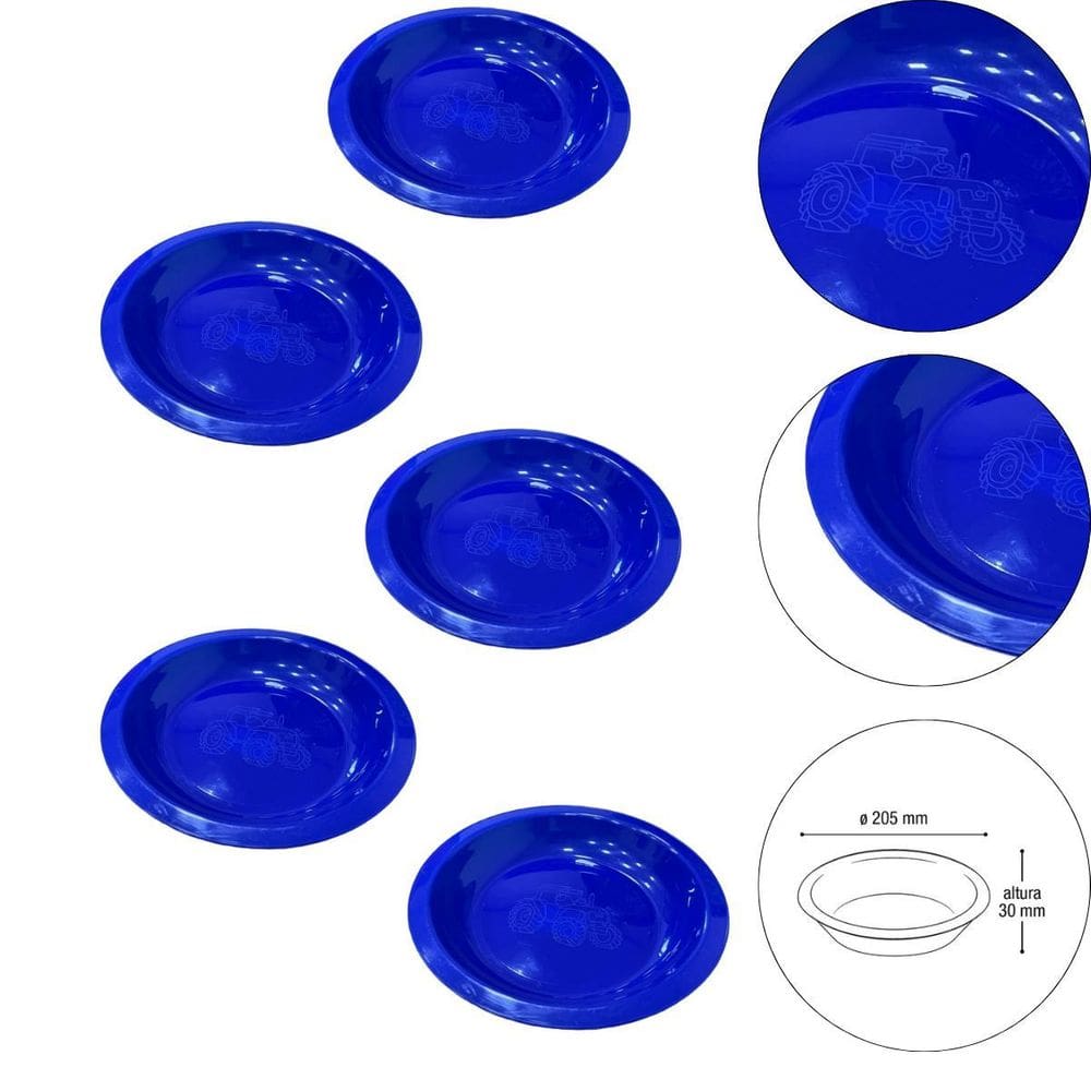 Kit 5 Prato Infantil De Plástico Com Desenho De Trator Azul