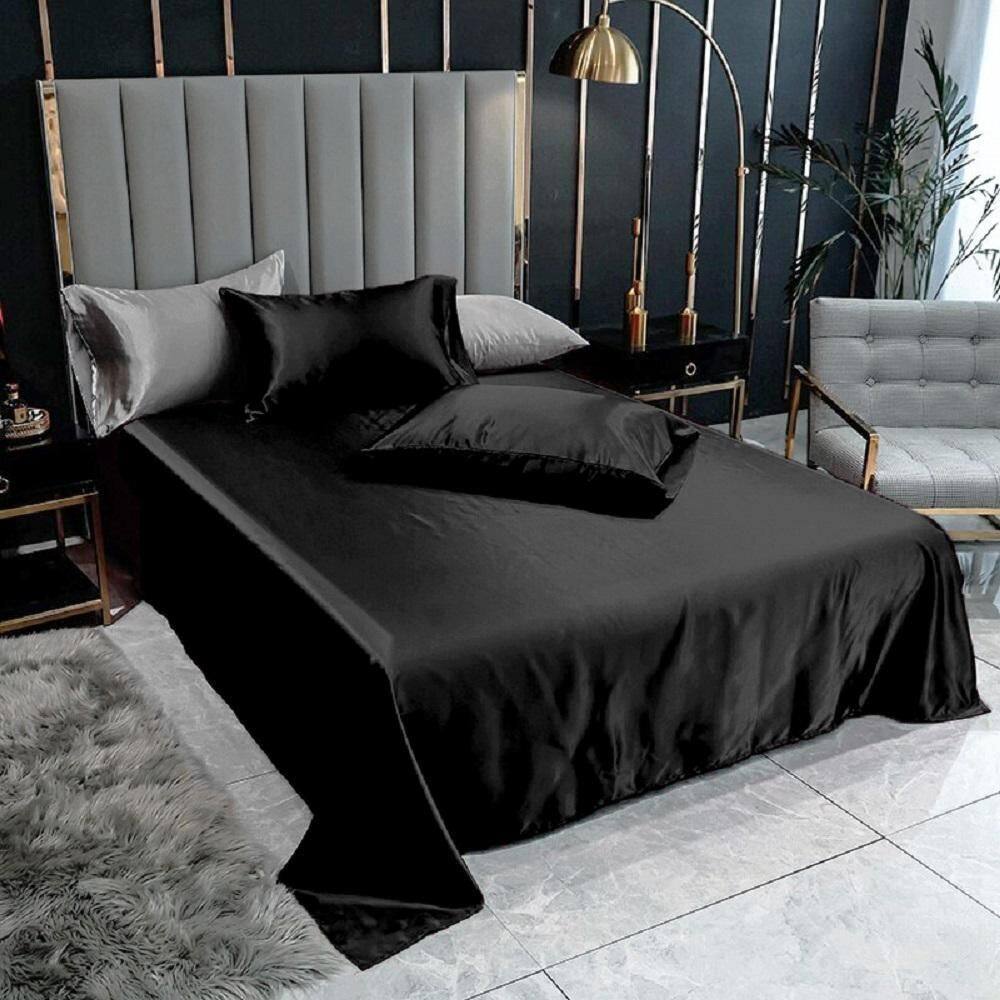 Lençol Superior Casal King Com 2 Fronhas Cetim Seda Preto
