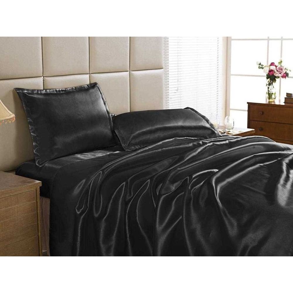 Jogo Lençol Solteiro Cetim Seda Preto Com Vira 3 Peças