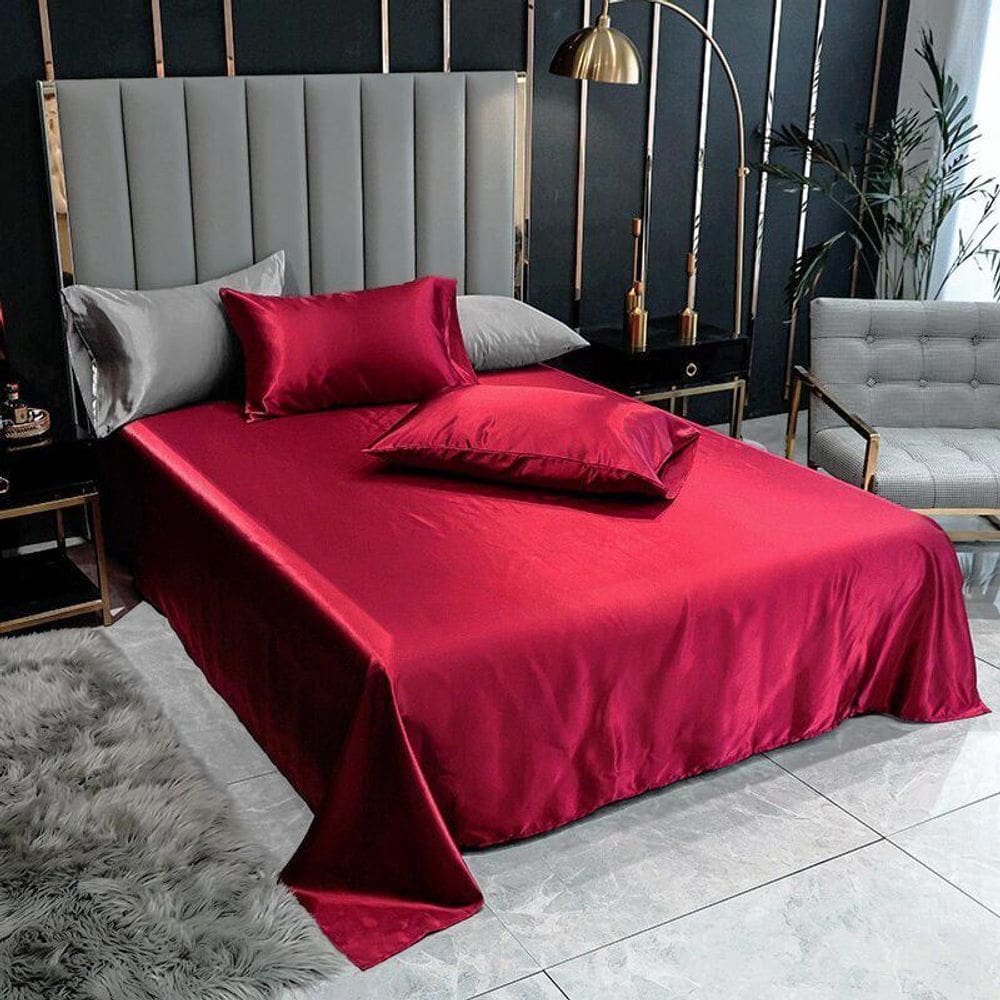 Lençol Superior Solteiro Fronha Cetim Seda Vermelho Brilho