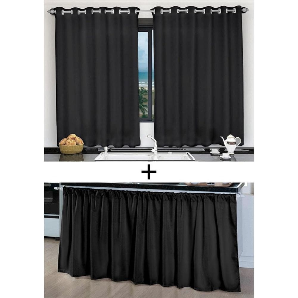 Kit Cortina De Cozinha E Pia Balcão Tecido Liso Preto