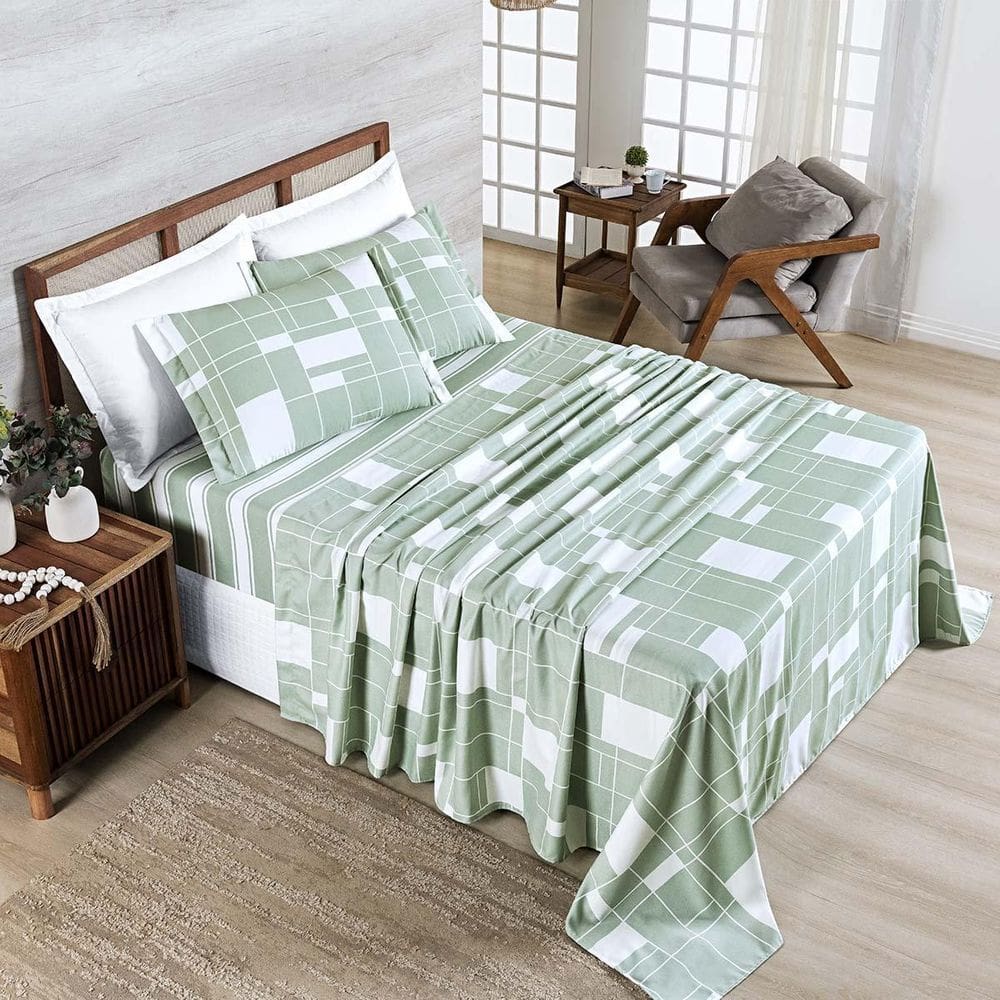 Jogo Lençol Belle Queen 400Fios Estampado Quadriculado Verde