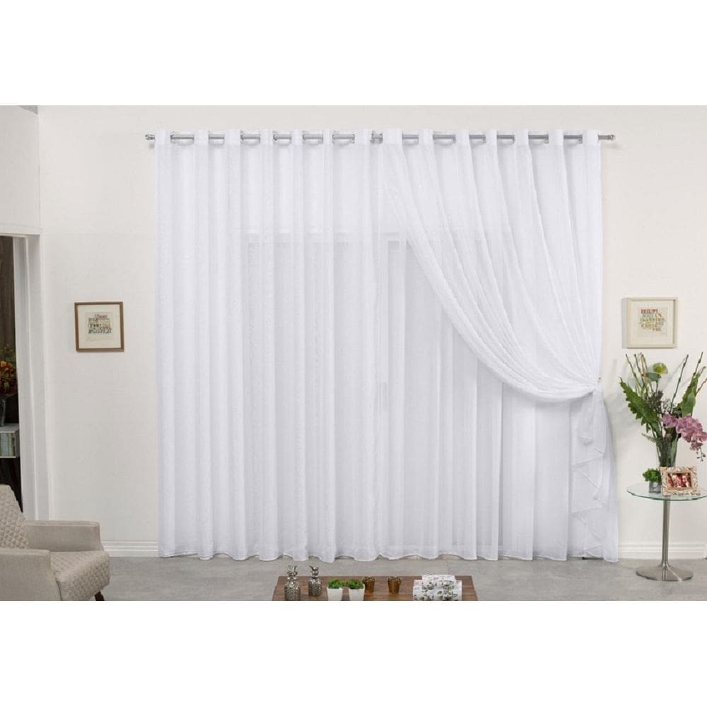 Cortina De Varão Voil Duplo Branco 5,00X2,80 Sala Ou Quarto