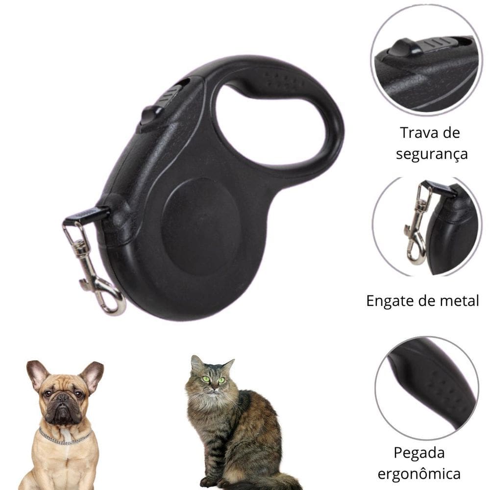 Guia Pet Cachorros Gatos 5 Metros Até 15Kg - Cor: Preta