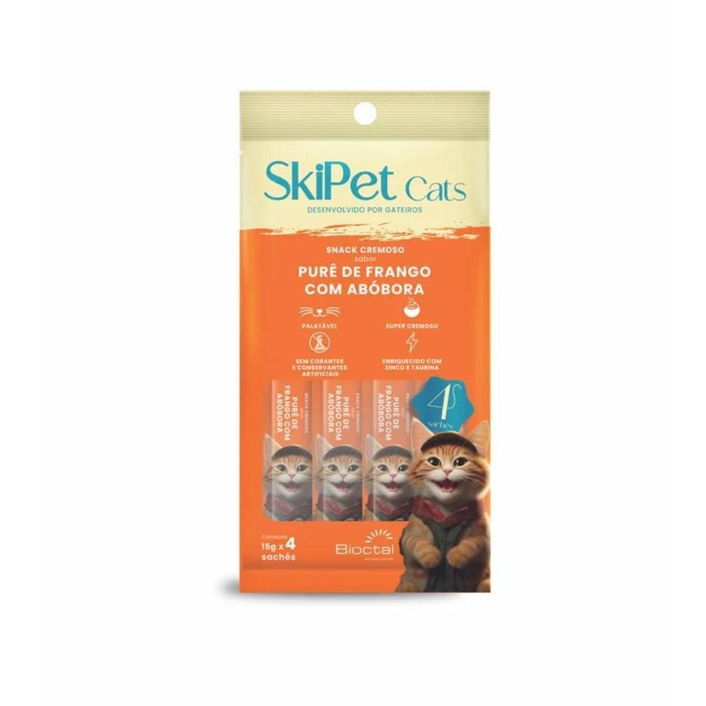 Skipet Cats Snack Cremoso Sabor Purê Frango Abóbora 4 Sachês