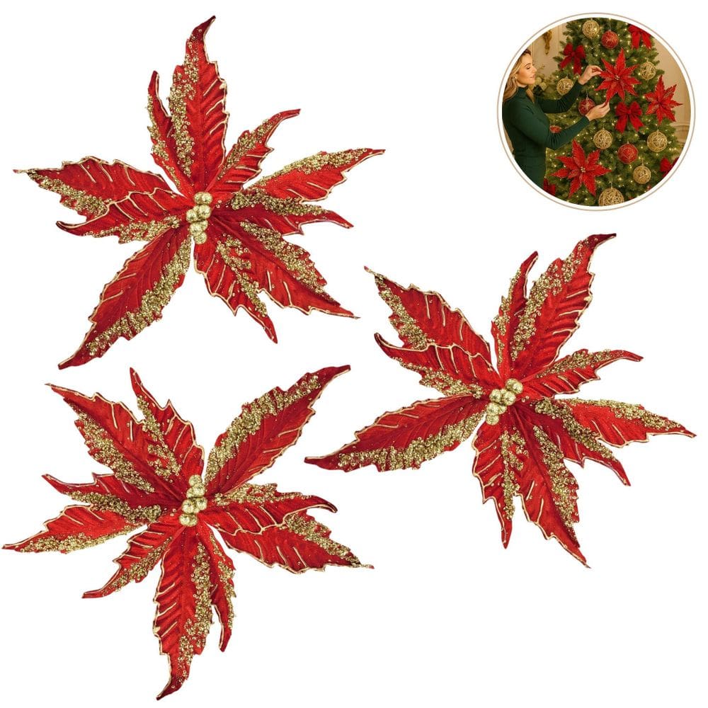 Kit 3 Poinsettia Vermelha Bico De Papagaio 38Cm Decor Natal