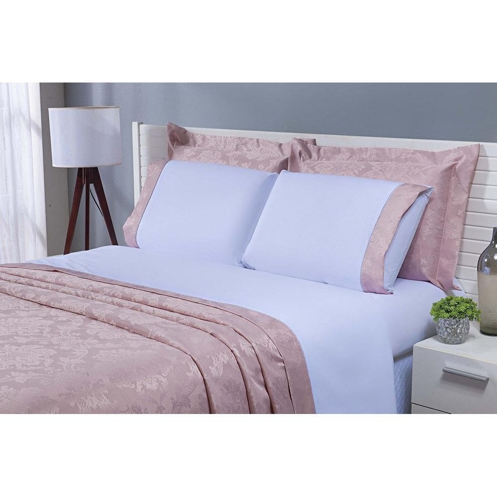Kit Cobre Leito Jaquard E Jogo De Lençol Viúva 7Peças Rose