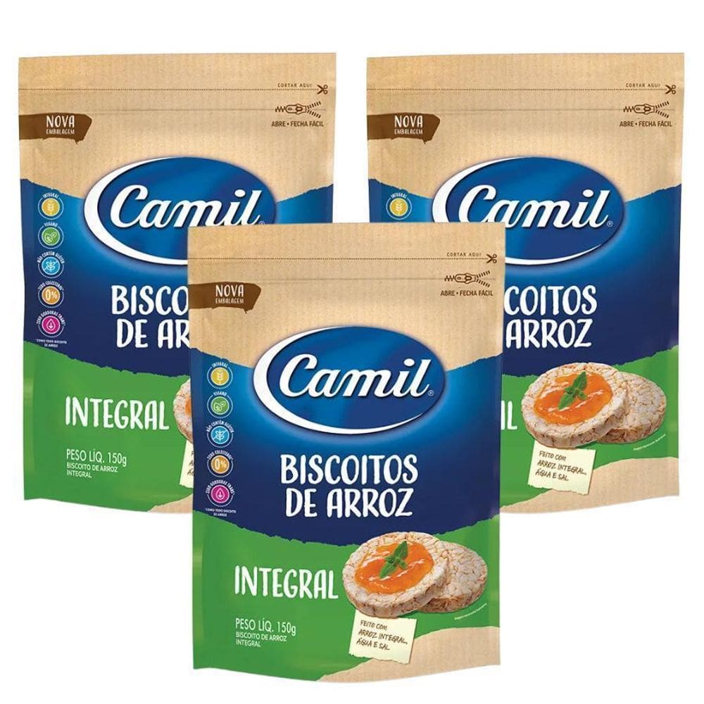 3 Biscoito De Arroz Integral 99,5% Camil 150G - Total 450G
