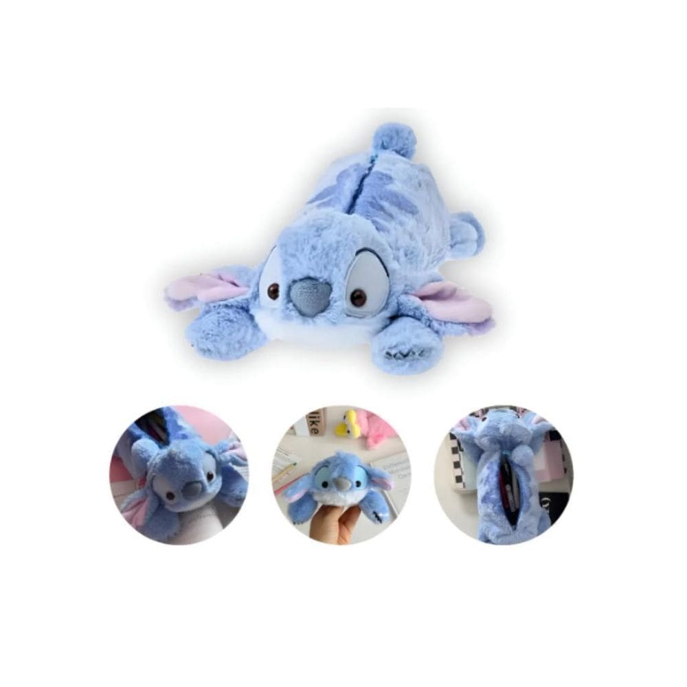 Estojo Escolar Stitch Pelúcia Azul Porta Lápis Grande Fofo