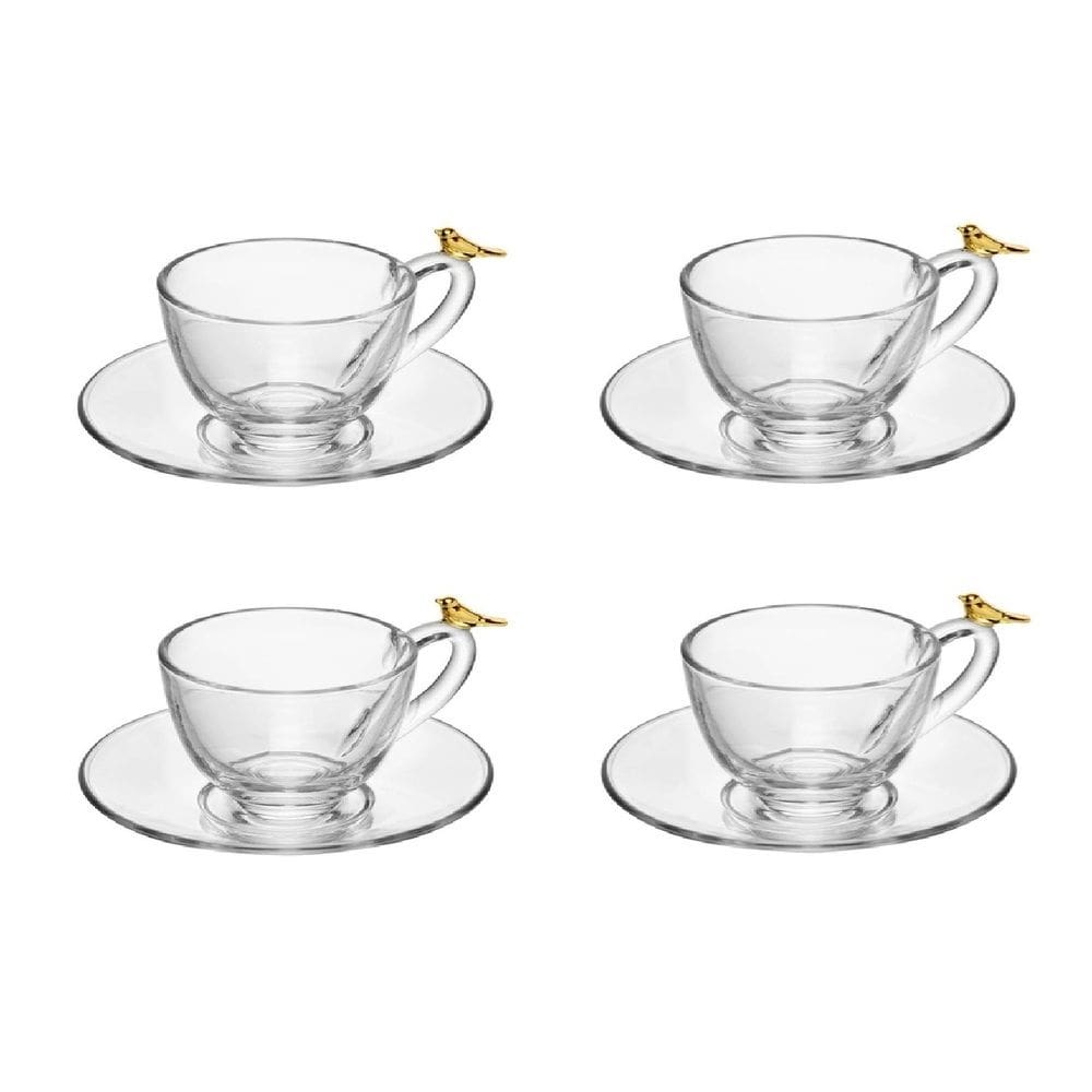 Cj 4 Xícaras P/Chá C/Pires de Vidro Golden Bird Transparente 180ml Wolff