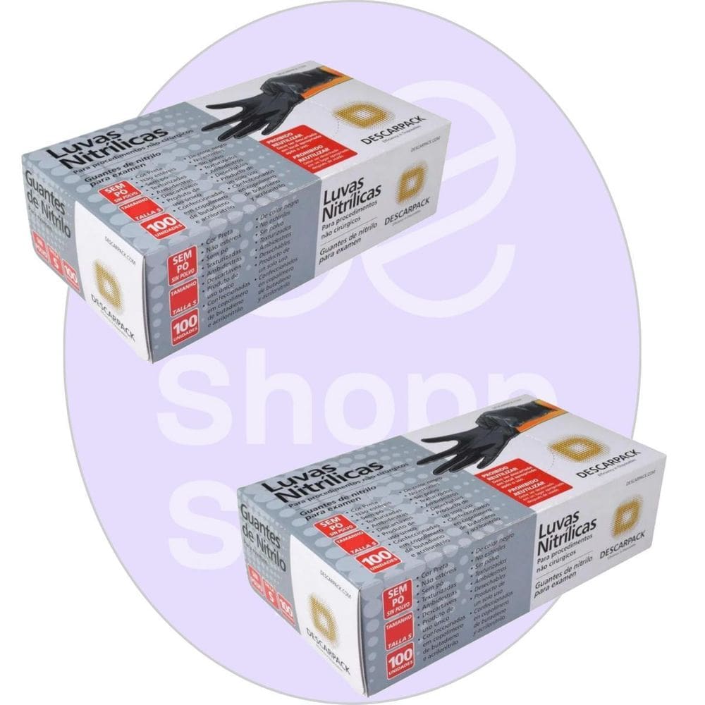 Kit 02 Luva Descartável Nitrílica Sem Pó Preta M Descarpack