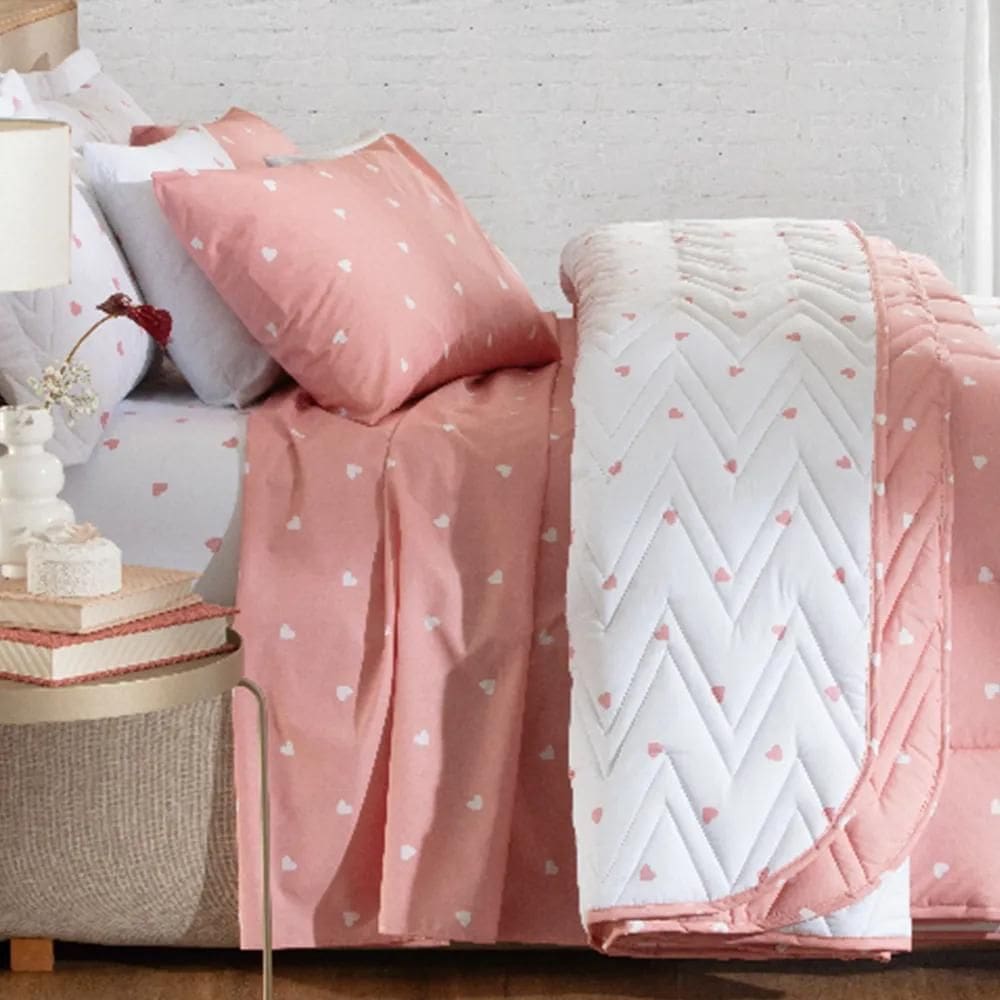 Kit Colcha / Cobre Leito Casal Sonhare Estampado - Sultan Coracao Rose