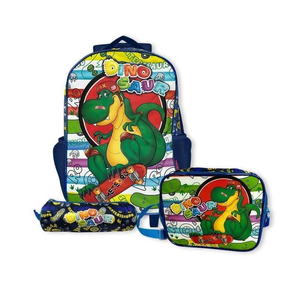 Kit Mochila Infantil Escolar Com 03 Peças Dinossauro Azul