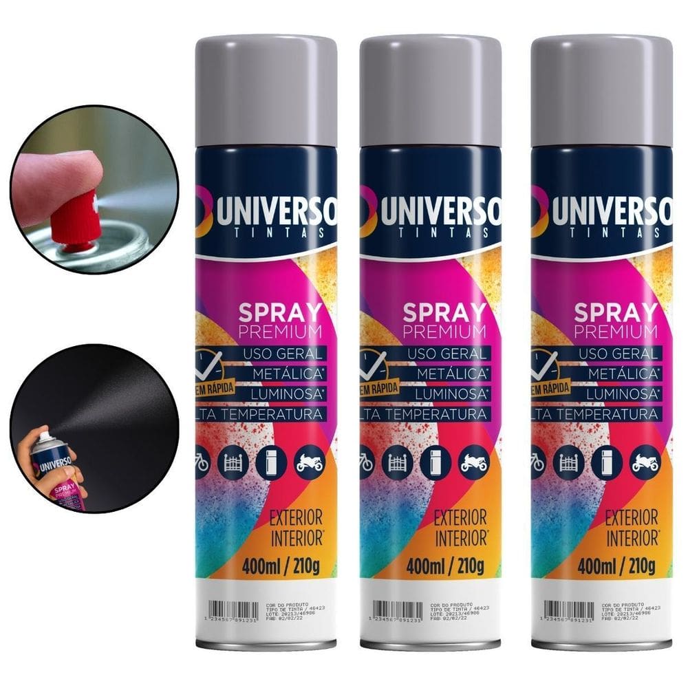 Kit 03 Latas Tinta Spray Cinza 400Ml Uso Geral Aço Couro