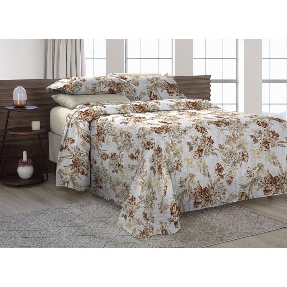 Cobre Leito Piquet Viúva 2,03M X120M X30 3Peças Floral Caqui
