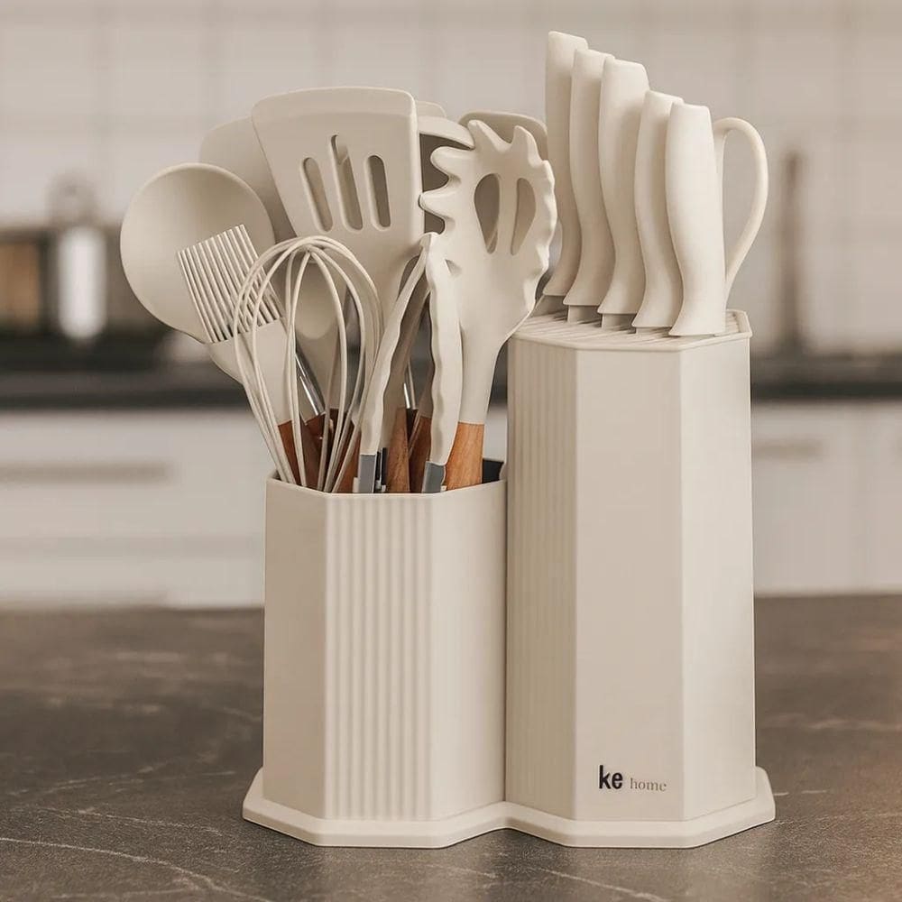 Kit Utensilios Para Cozinha Maldivas 18 Peças Em Plastico Creme Kehome