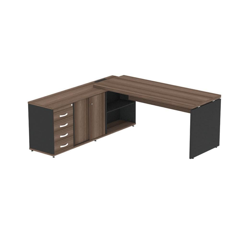 Mesa Pé Balcão Escritório Com 4 Gavetas 189x180cm Preto-walnut