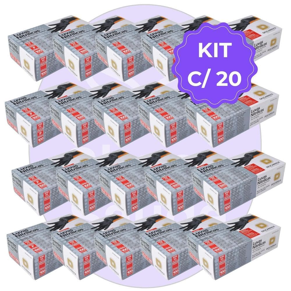 Kit 20 Luva Descartável Nitrílica Sem Pó Preta P Descarpack