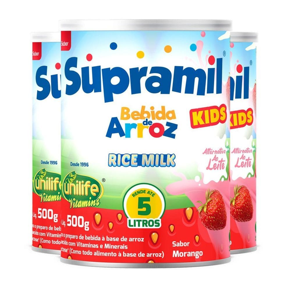 Kit 3 Supramil Bebida De Arroz Kids Morango Unilife 500G