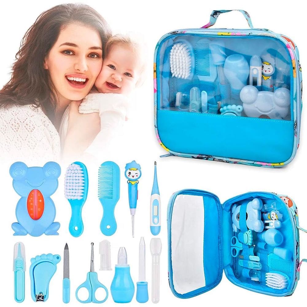 Kit Higiene Bebê Azul Escova De Dedo Tesoura Bolsa