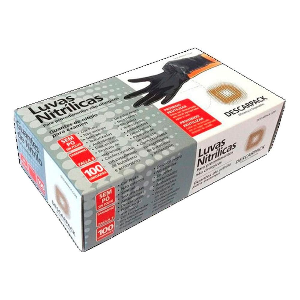 Luva Descartável Nitrílica Sem Pó Preta P - 100Un Descarpack