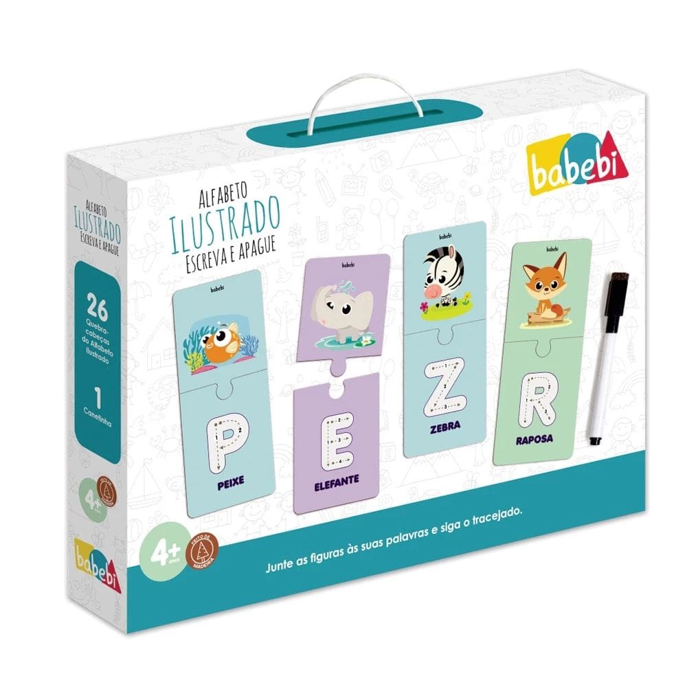 Quebra-Cabeça Alfabeto Ilustrado Escreva e Apague - 52 Peças - Babebi