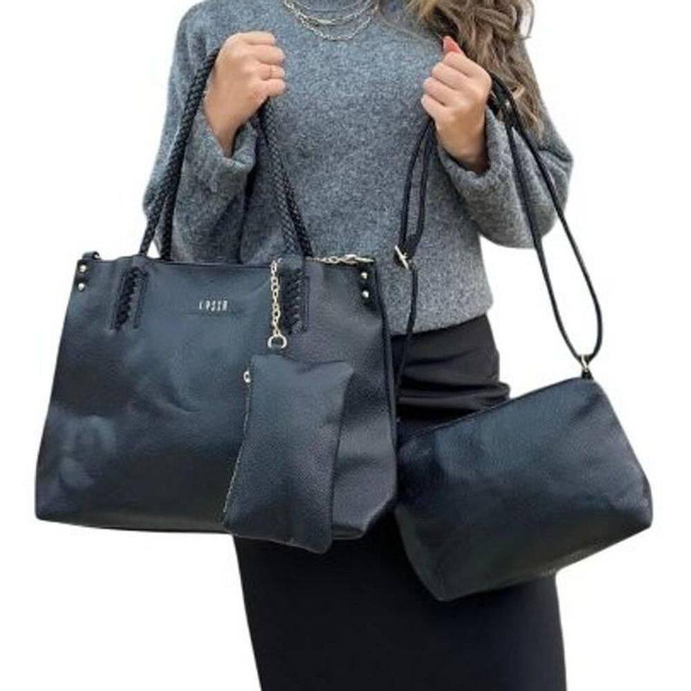 Kit 3 Peças Bolsa Feminina Preta Grande E Média + Necessarie
