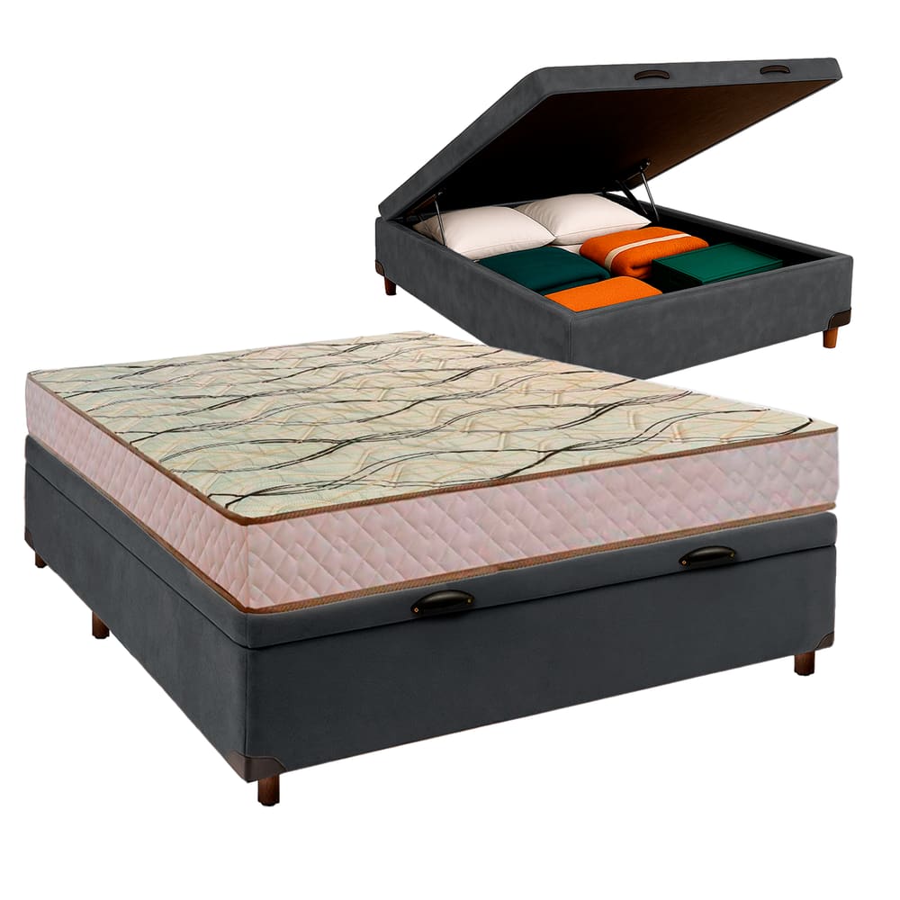 Cama Box Bau Cinza Casal + Colchão D33 Maxsono Paropas
