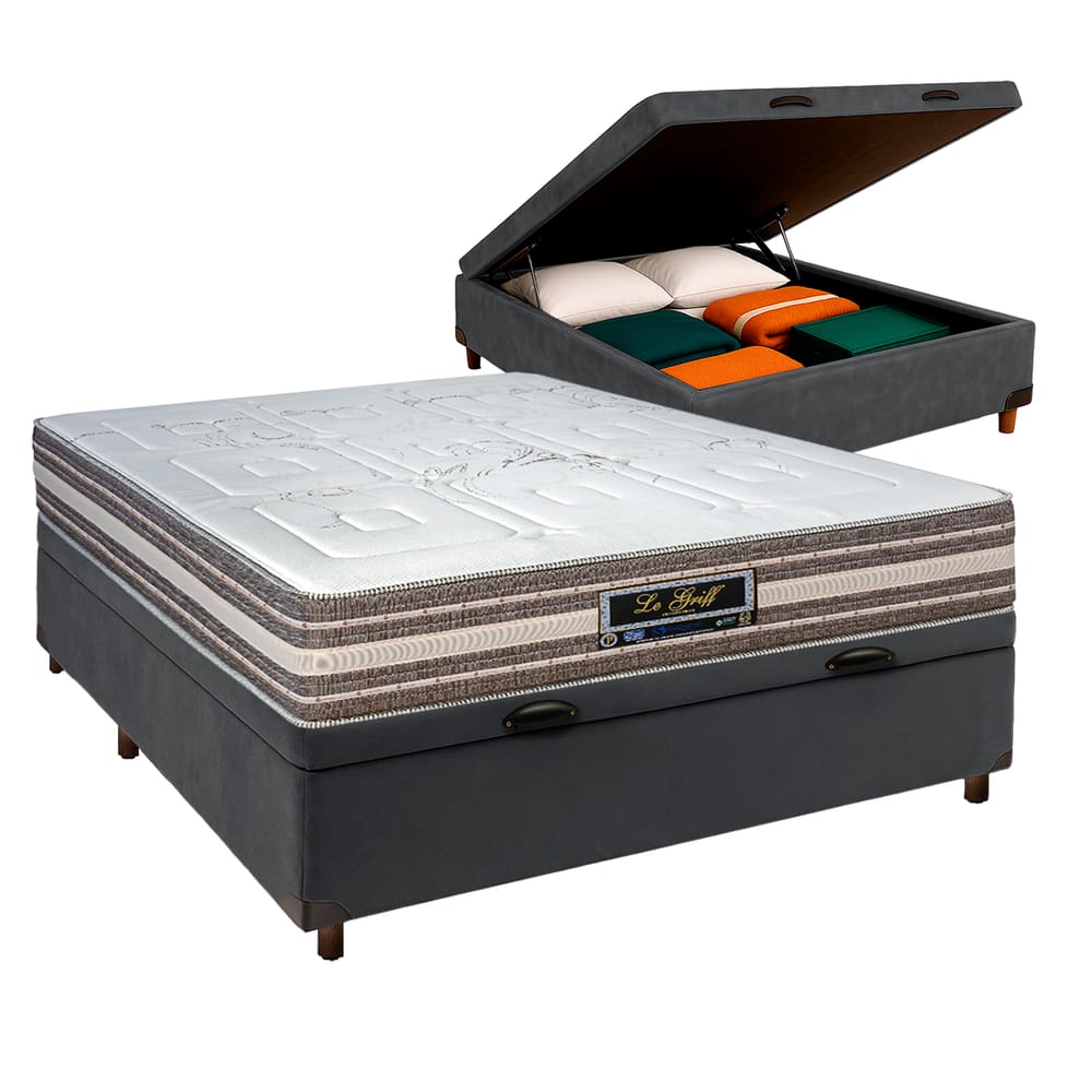 Cama Box Bau Cinza Casal + Colchão Molas Ensacadas Legriff Sankonfort