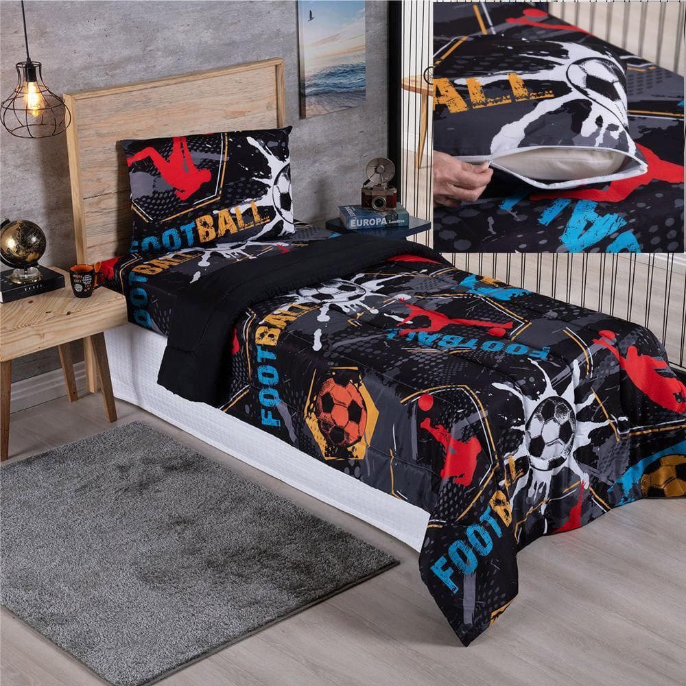 Kit Coordenado Edredom Lençol Solteiro Alegria Soccer 100%
