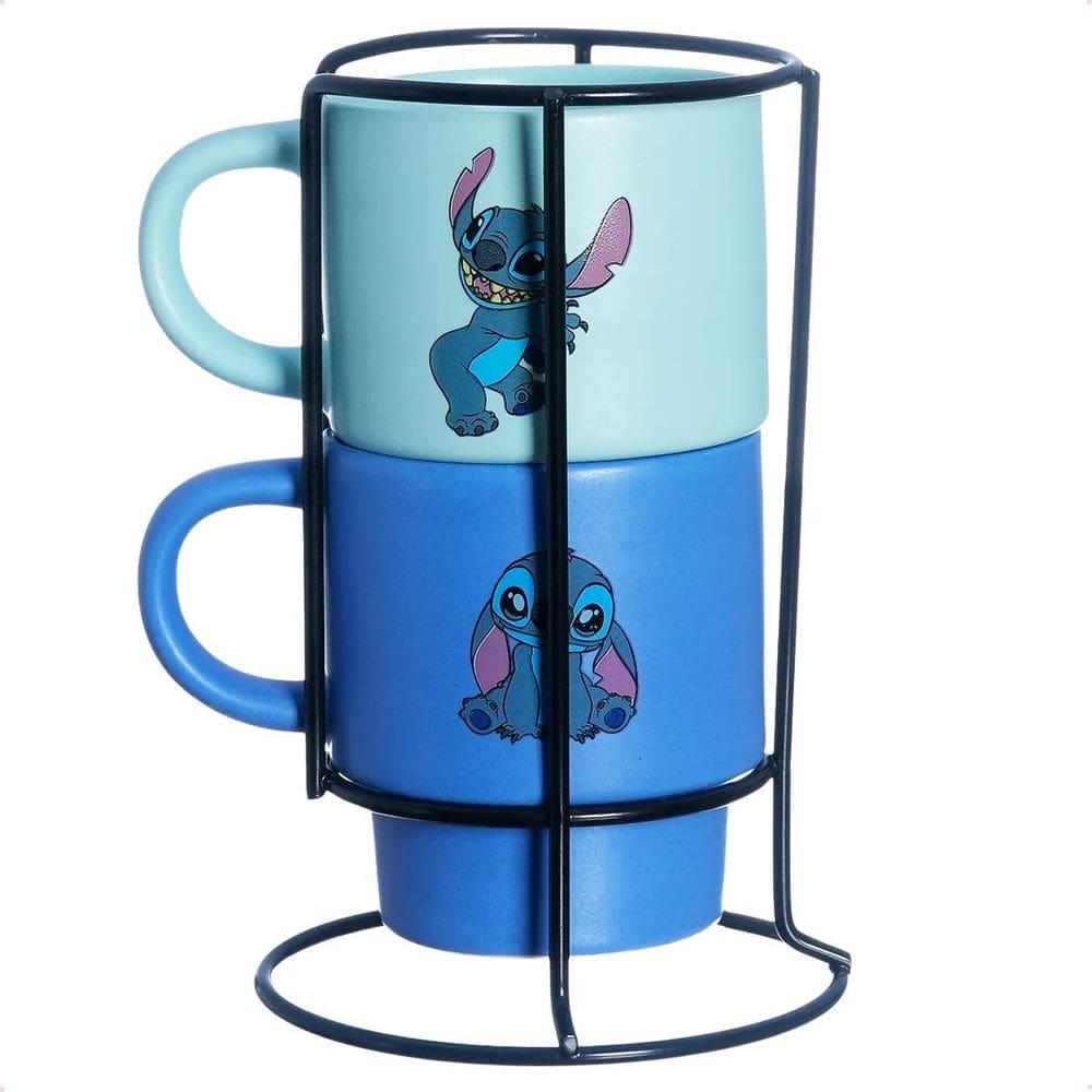 Kit 2 Canecas Empilháveis Stitch Em Cerâmica Suporte 180Ml