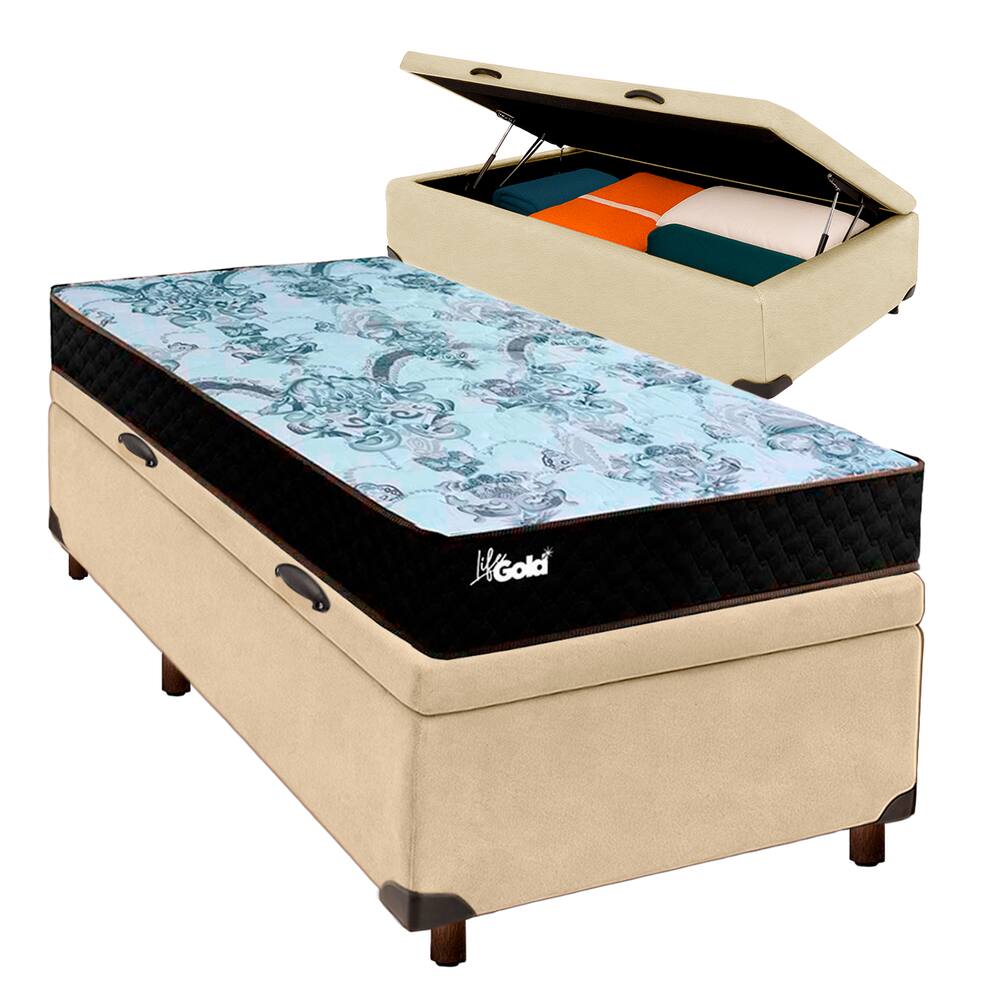 Cama Box Bau Blindado Solteiro + Colchão Molas Ensacadas Life Gold Paropas