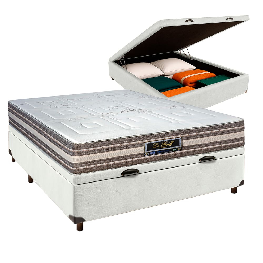 Cama Box Bau Branco Casal + Colchão Molas Ensacadas Legriff Sankonfort