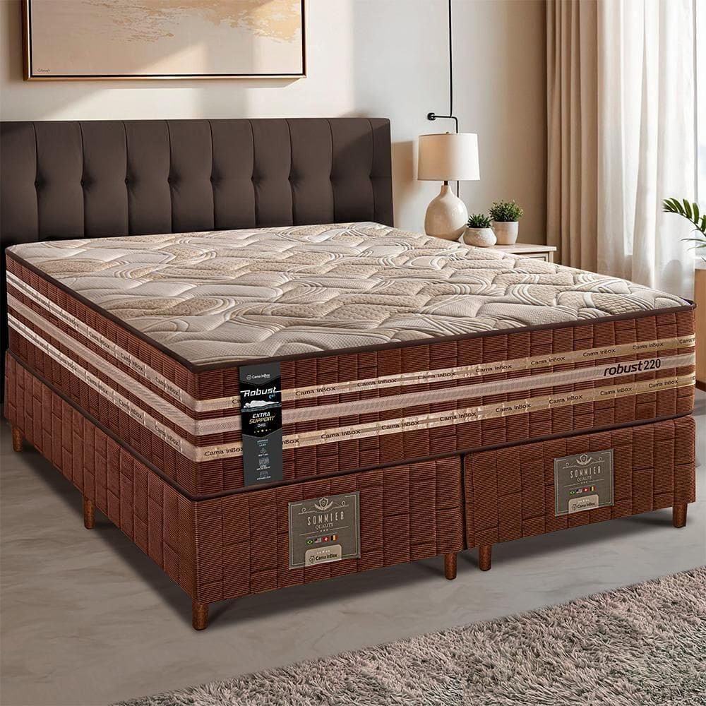 Cama Box Queen Colchão + Box 158x198x76 Com Espuma Látex Robust Gel 220 Caramelo Cama Inbox