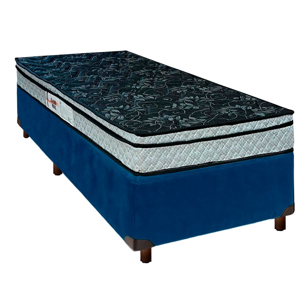 Cama + Box Azul e Colchão D28 Solteiro - Conforto Paropas